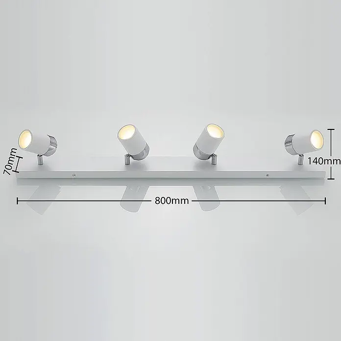 Lindby Deckenstrahler Kardo - L x B x H: 80 x 10 x 10,5 cm, weiß / opal, weiß / opal, GU10 - Weiße Schienenleuchte mit vier verstellbaren zylindrischen Strahlern in Weiß und Chrom, 800mm lang, 140mm hoch.