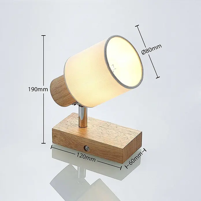 Lindby Deckenstrahler Wanessa - Holz hell, E14 - Verstellbare Wandleuchte mit Naturholzsockel und hellem Stoffschirm.