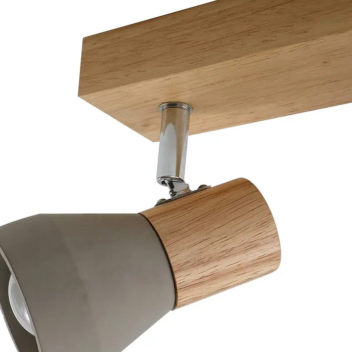 Lindby Deckenstrahler Filiz - Holz hell, alu / grau / zink, E14 - Deckenstrahler mit hellem Holzsockel, Chromarm und grauem Lampenschirm.