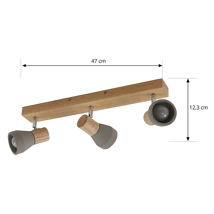 Lindby Deckenstrahler Filiz - Holz hell, alu / grau / zink, E14 - Drei-Flammen-Deckenstrahler mit Holzleiste und verstellbaren grau-holzfarbenen Spots.