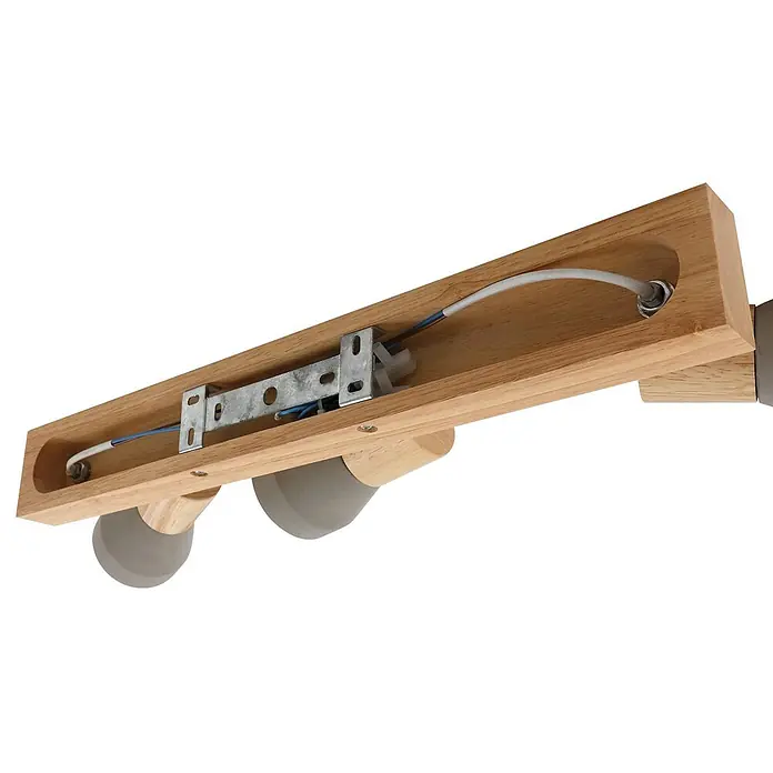 Lindby Deckenstrahler Filiz - Holz hell, alu / grau / zink, E14 - Hölzerne Leuchte, Rückansicht, mit sichtbarer Verkabelung und zwei grauen Fassungen.