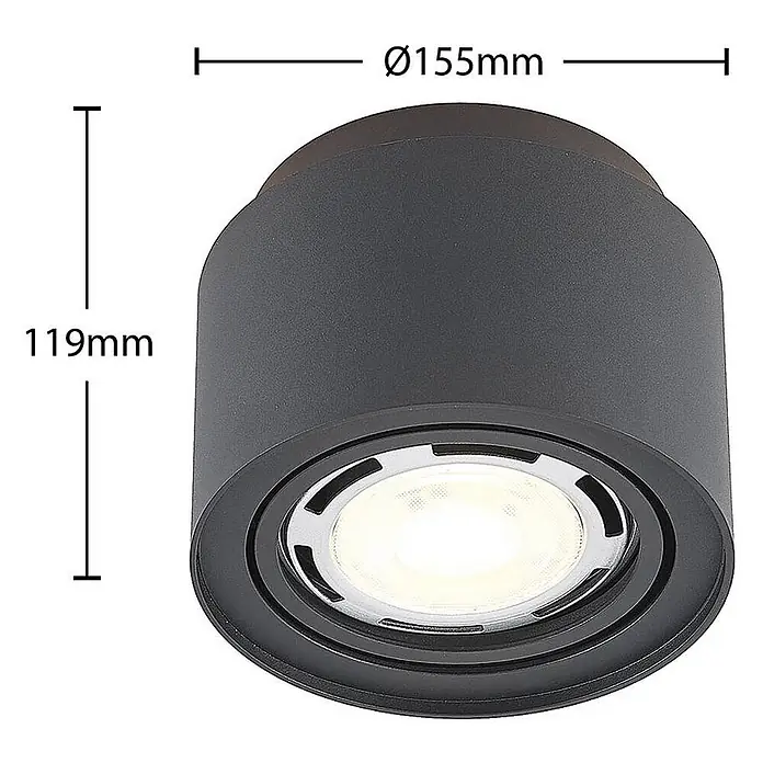 Arcchio Deckenstrahler Walisa - schwarz, schwarz, GU10 - Dunkelgraue zylindrische Aufbau-Deckenleuchte mit integrierter LED, 155mm Durchmesser, 119mm Höhe.