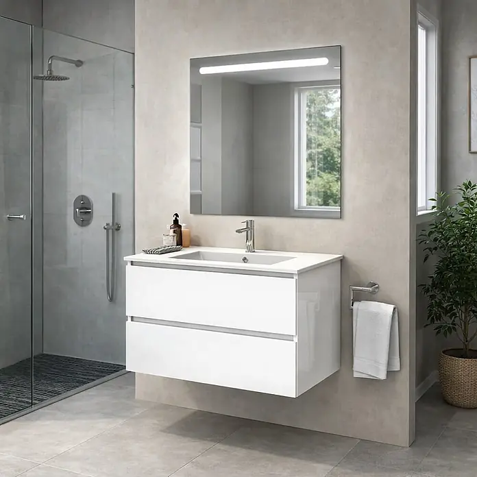 Conjunto de mueble de baño Italo - Ancho total del mueble de baño: 80 cm, Blanco, Brillante - Mueble de baño flotante blanco brillante con lavabo integrado y dos cajones en un baño moderno.