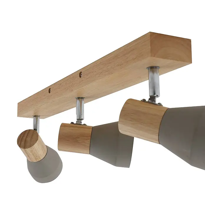 Lindby Deckenstrahler Filiz - Holz hell, alu / grau / zink, E14 - Hölzerne Strahlerleiste mit drei grauen Spots und Metallverbindungen.