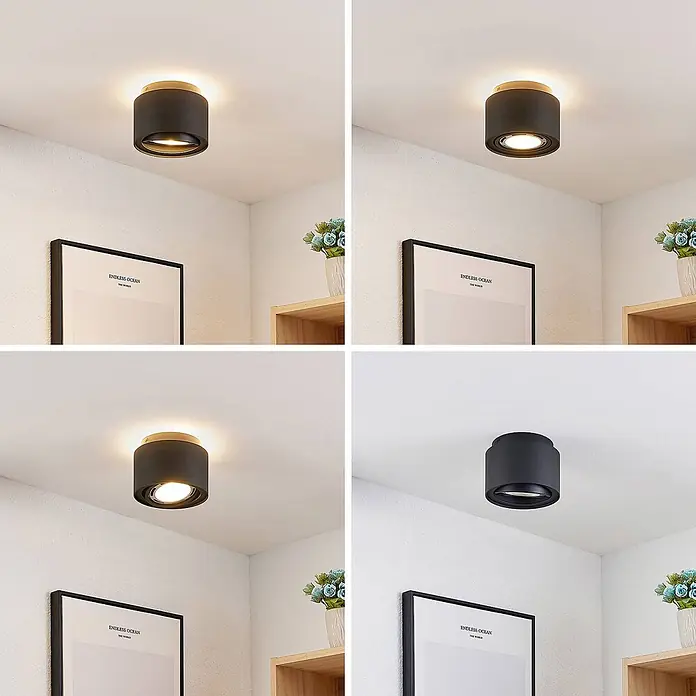 Arcchio Deckenstrahler Walisa - schwarz, schwarz, GU10 - Zylindrischer LED-Deckenstrahler in Schwarz-Gold in vier Ansichten, zeigt warme Lichtstufen und ausgeschalteten Zustand, an weißer Decke montiert.