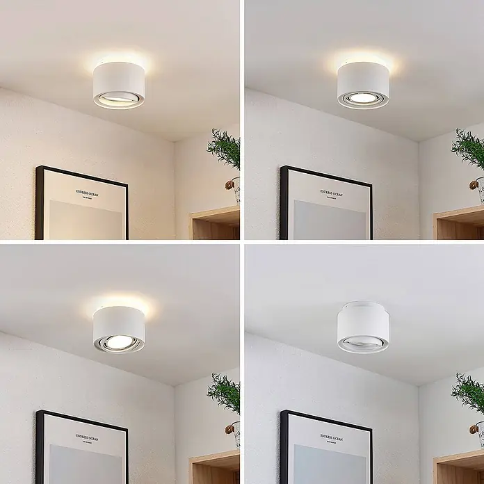 Arcchio Deckenstrahler Walisa - weiß / opal, weiß / opal, GU10 - Weiße zylindrische LED-Deckenleuchte, an der Decke montiert, mit verschiedenen Lichttemperaturen und ausgeschaltet gezeigt.