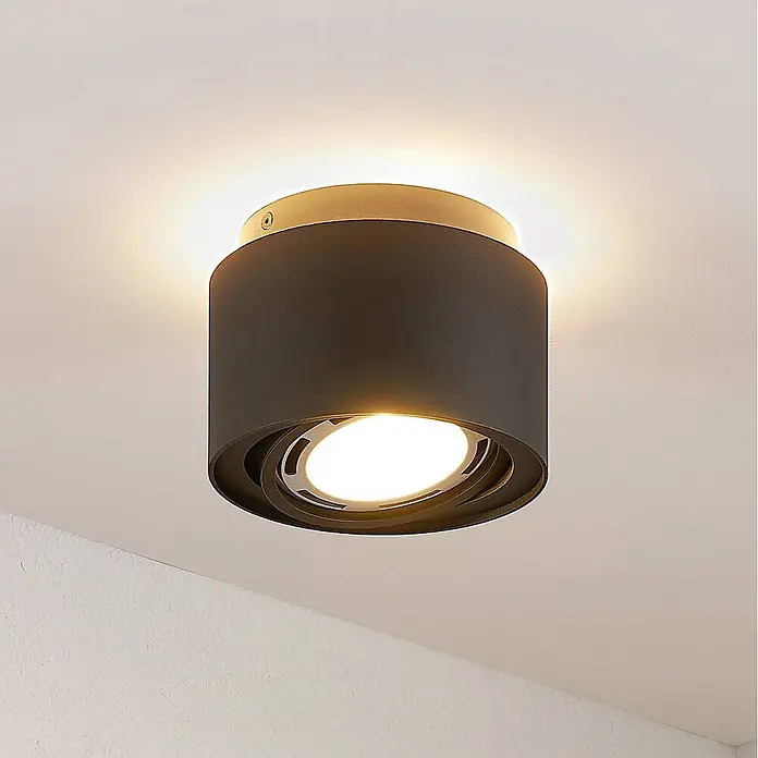 Arcchio Deckenstrahler Walisa - schwarz, schwarz, GU10 - Zylindrische Deckenleuchte aus Anthrazit und Messing, mit indirektem und ausrichtbarem Direktlicht.