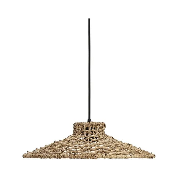PR Home Pendelleuchte Sari - 40 W, E27 - Hängelampe aus geflochtener Naturfaser mit breitem, flachem Schirm und schwarzem Kabel.