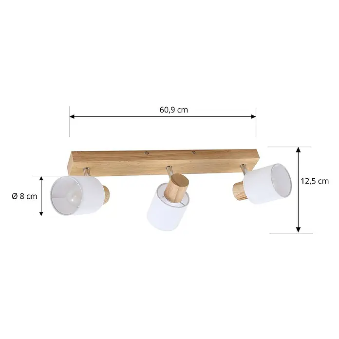 Lindby Deckenstrahler Wanessa - Holz hell, E14 - Deckenstrahler-Schiene aus Holz mit drei verstellbaren Leuchten, jeweils mit weißem Stoffschirm. 60,9x12,5 cm.