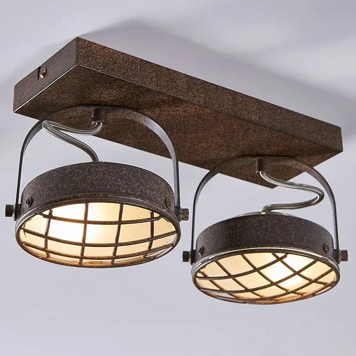 Lindby Deckenstrahler Tamin - L x B x H: 29 x 13 x 18 cm, braun / rost, braun / rost, G9 - Zweiflammige Deckenleuchte im Spot-Stil mit antikbraunem Metallfinish und Schutzgittern.