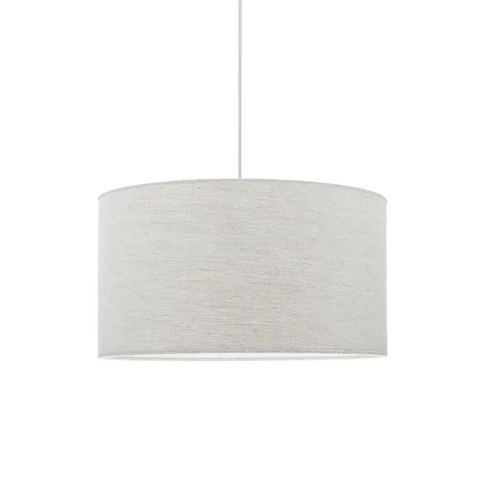 PR Home Pendelleuchte Sara - 15 W, E27 - Helle beige Stoff-Pendelleuchte mit zylindrischem Schirm, von der Decke hängend.