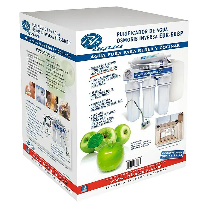 Bb agua Equipo de ósmosis inversa EUR-50 BP - Caudal: 7,2 l/h - Caja para purificador de agua de ósmosis inversa BBagua EUR-50BP, que garantiza agua potable limpia.