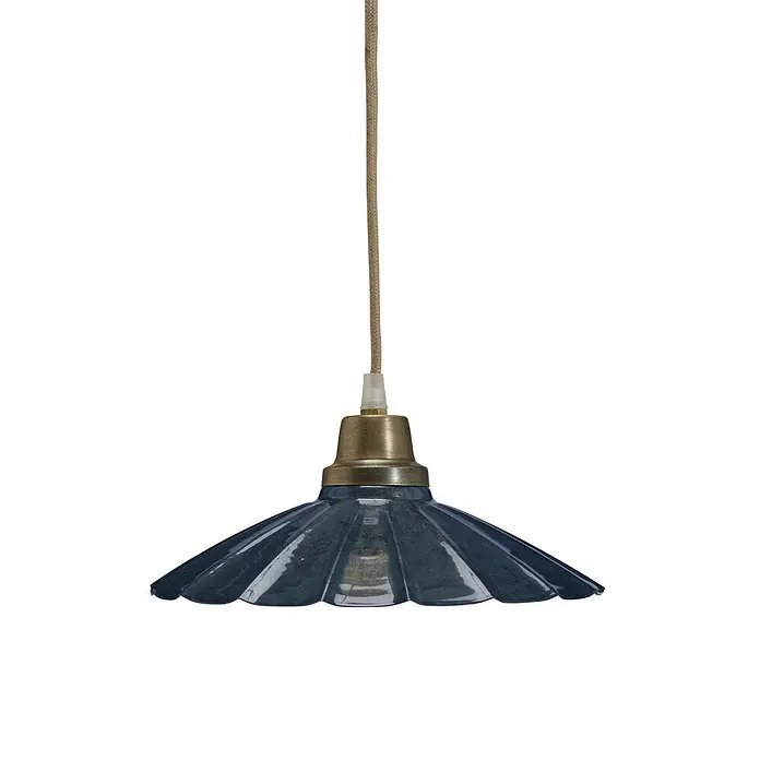 PR Home Pendelleuchte Ester - 40 W, E27 - Blaue geriffelte Pendelleuchte mit Messingfassung und beigem geflochtenem Kabel.