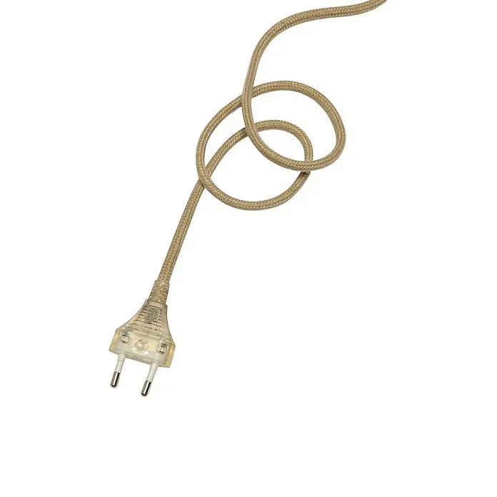 PR Home Pendelleuchte Ester - 40 W, E27 - Beiges geflochtenes Stoff-Stromkabel mit transparentem zweipoligen Stecker, aufgewickelt.