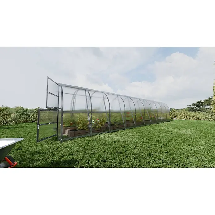 Klasika Greenhouses Gewächshaus Baltic Lt Klasika - Außenmaß inkl. Dachüberstand (B x T): 300 x 1.000 cm, Material Seitenwand: Kunststoff, 4 mm, Silbergrau - Langes, tunnelförmiges Gewächshaus mit klaren Wellplatten und dunklem Metallrahmen, offener Tür, im Garten mit Pflanzen.
