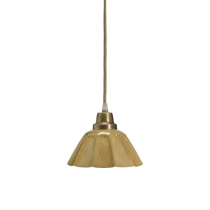 PR Home Pendelleuchte Ester - 25 W, E27 - Grün-goldene geriffelte Keramik-Pendelleuchte mit Messingfassung und Stoffkabel.