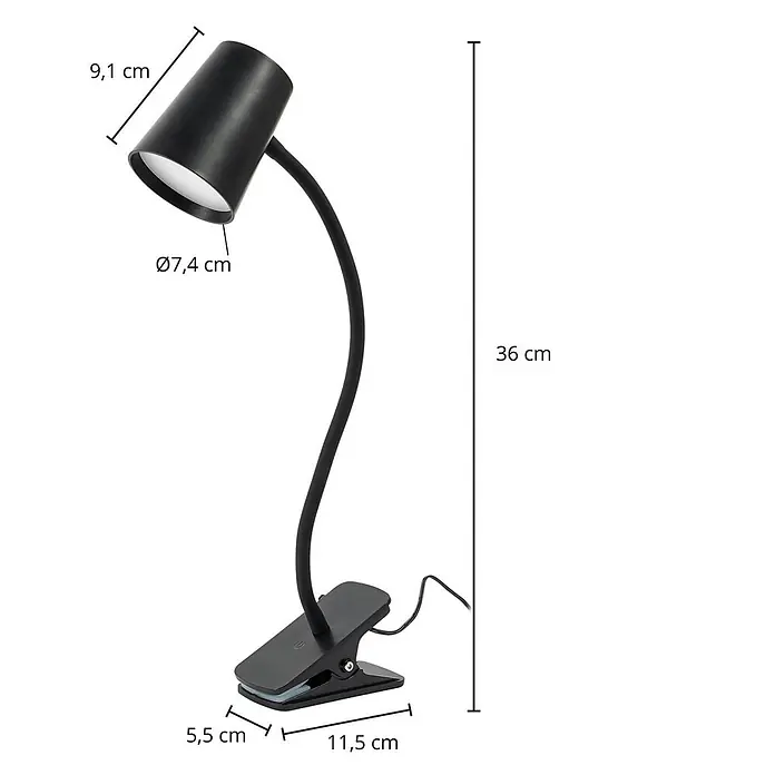 Lindby Klemmleuchte Ailina - Farbe Gehäuse: schwarz - Schwarze flexible Klemmleuchte mit konischem Kopf und stabilem Standfuß.