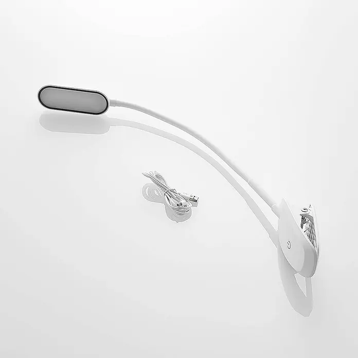 Prios Klemmleuchte Najari - Farbe Gehäuse: weiß / opal - Weiße Klemm-LED-Leuchte mit flexiblem Schwanenhals und USB-Ladekabel.