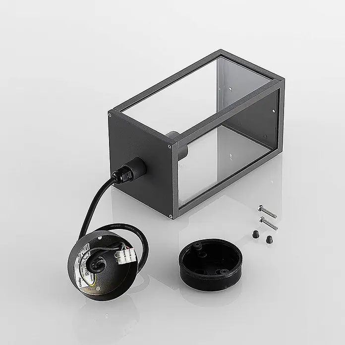 Lindby Außenwand- & Deckenleuchte Filimon - schwarz, schwarz, IP44 - Rechteckige anthrazitfarbene Außenwandleuchte mit Klarglas, zerlegt mit Verkabelung und Befestigung.