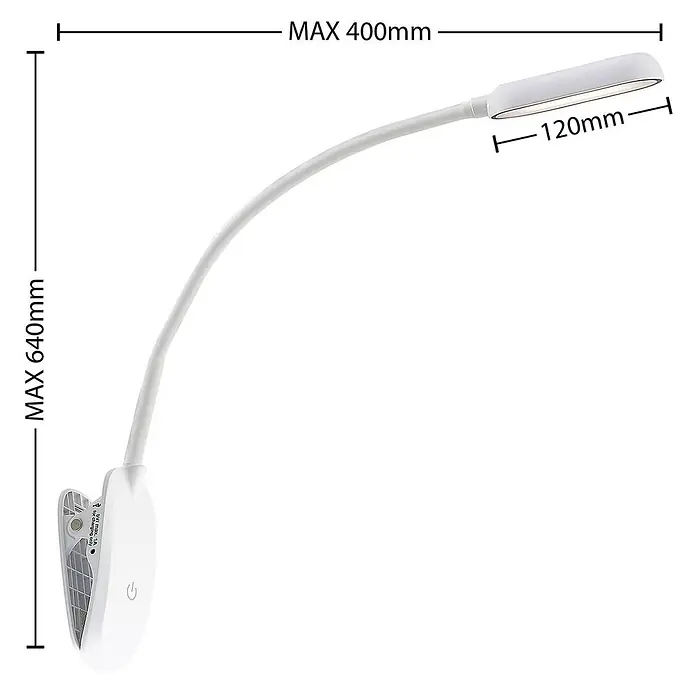 Prios Klemmleuchte Najari - Farbe Gehäuse: weiß / opal - Weiße flexible Schwanenhals-LED-Klemmlampe, ausgefahren. Max. Höhe 640mm.