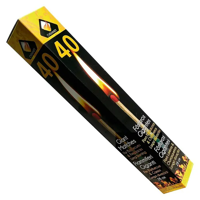 Fósforos gigantes - 40 ud., Fuego para chimenea y barbacoa - Imagen de una caja de fósforos gigantes Cheminee, ideales para encender barbacoas y chimeneas, con larga duración.