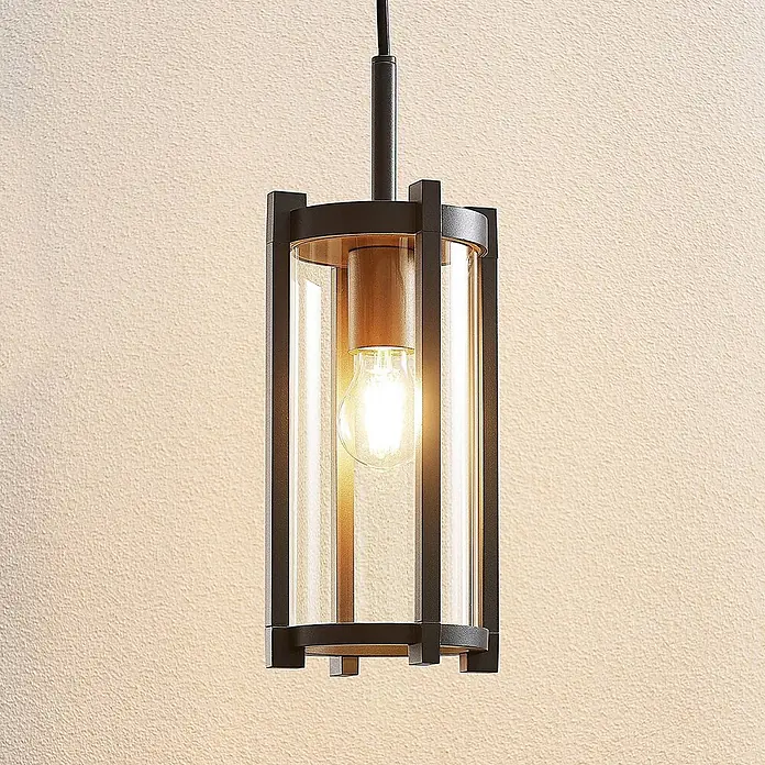 Lucande Außenwand- & Deckenleuchte Brienne - L x B x H: 15 x 15 x 29,5 cm, alu / grau / zink, IP54 - Zylindrische Pendelleuchte aus dunklem Metall und Klarglas mit leuchtender Glühbirne.