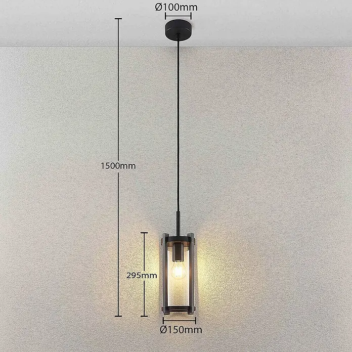 Lucande Außenwand- & Deckenleuchte Brienne - L x B x H: 15 x 15 x 29,5 cm, alu / grau / zink, IP54 - Schwarze Pendelleuchte mit klarem Glaszylinder und sichtbarer Glühbirne. Gesamtlänge 1500mm, Schirm 295x150mm.