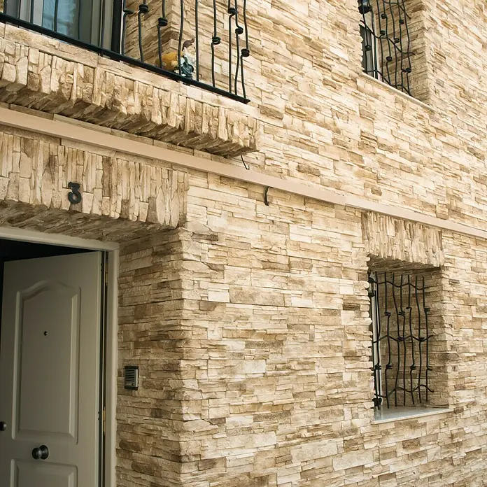 Revestimiento de piedra Petra Arena - Cantidad total: 4 pzs., Arena - Primer plano de un edificio de varios pisos con una fachada de piedra decorativa, un balcón y una ventana protegida, con un estilo arquitectónico distinto.