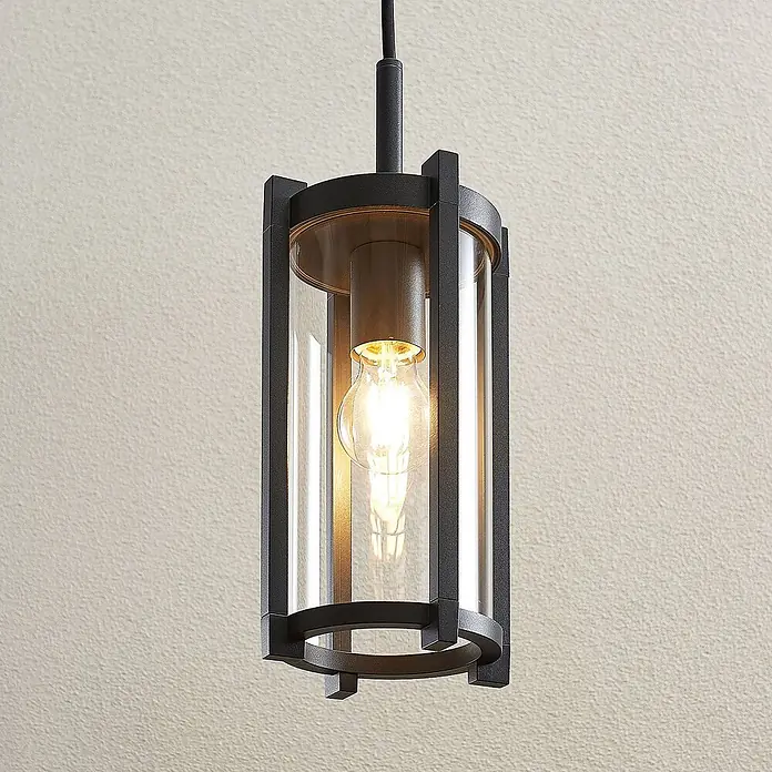 Lucande Außenwand- & Deckenleuchte Brienne - L x B x H: 15 x 15 x 29,5 cm, alu / grau / zink, IP54 - Moderne schwarze Metall- und Klarglas-Pendelleuchte mit sichtbarer Edison-Glühbirne.