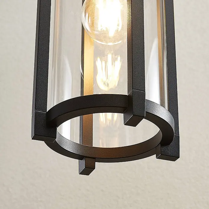 Lucande Außenwand- & Deckenleuchte Brienne - L x B x H: 15 x 15 x 29,5 cm, alu / grau / zink, IP54 - Schwarze, texturierte Metall-Pendelleuchte im Laternenstil mit Klarglas und sichtbarer Glühbirne.