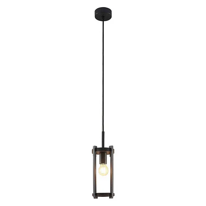 Lucande Außenwand- & Deckenleuchte Brienne - L x B x H: 15 x 15 x 29,5 cm, alu / grau / zink, IP54 - Industrielle Pendelleuchte mit schwarzer Deckenplatte, schwarzem Kabel und dunklem Metall-Holz-Käfigrahmen mit freiliegender Glühbirne.