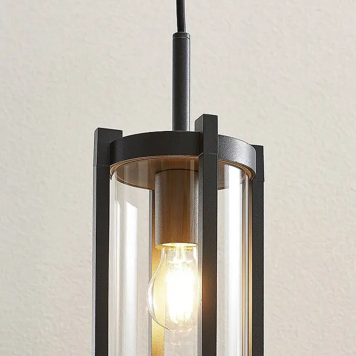Lucande Außenwand- & Deckenleuchte Brienne - L x B x H: 15 x 15 x 29,5 cm, alu / grau / zink, IP54 - Moderne Pendelleuchte aus schwarzem Metall und Klarglas mit beleuchteter Edison-Birne.