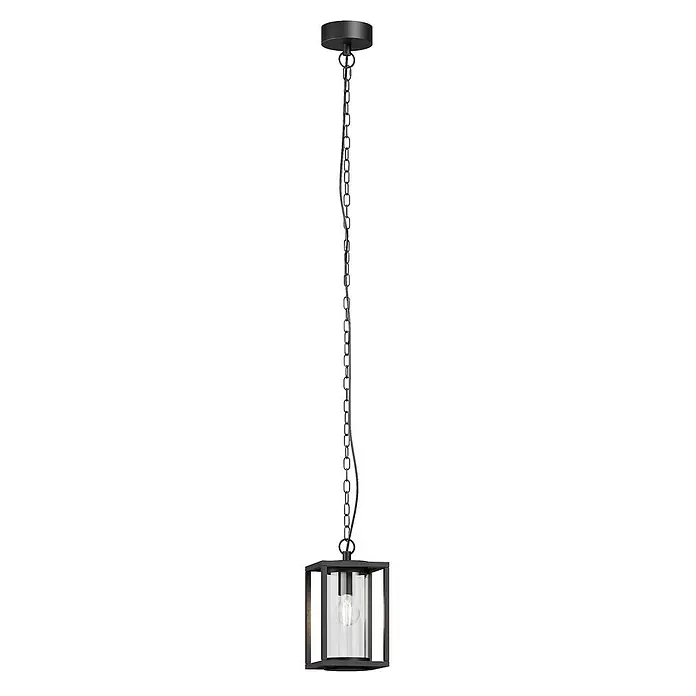 Lucande Außenwand- & Deckenleuchte Ferda - schwarz, schwarz, IP44 - Schwarze Pendelleuchte aus Metall und Klarglas, die an einer schwarzen Kette hängt.