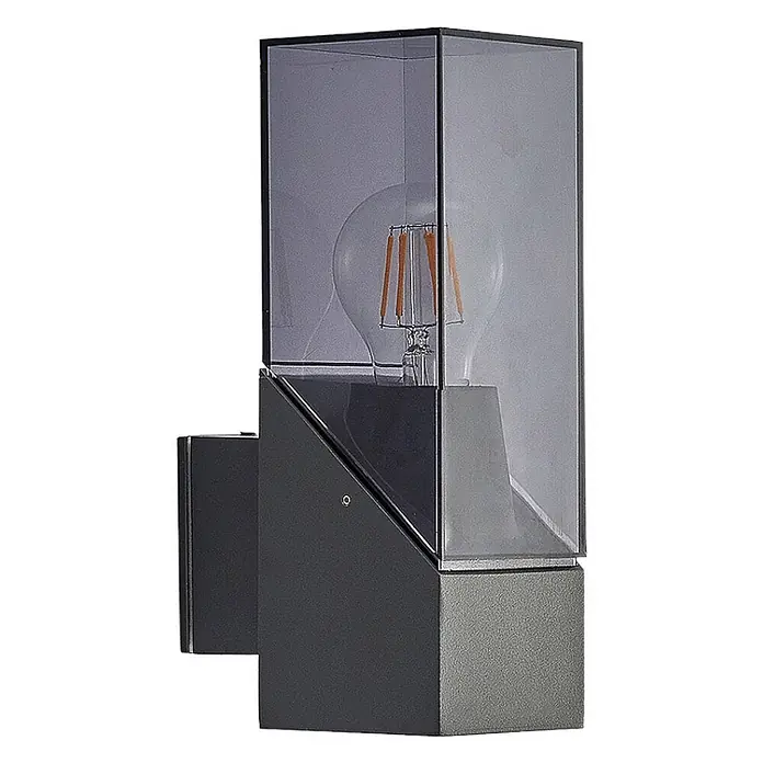 Lucande Außenwandleuchte Fiola - schwarz, IP54 - Dunkelgraue moderne Außenwandleuchte mit transparentem, rechteckigem Gehäuse und sichtbarer LED-Glühlampe.
