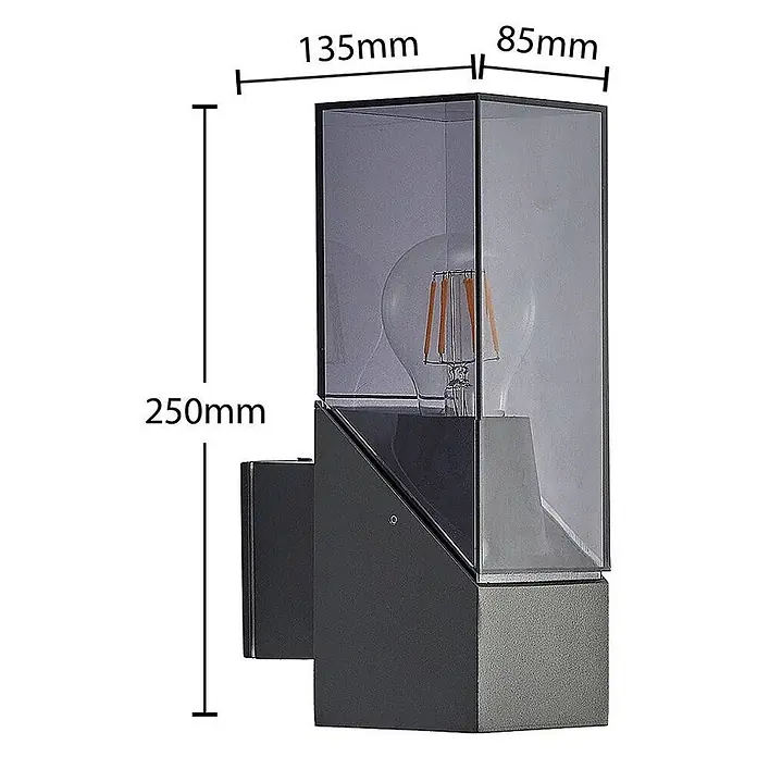 Lucande Außenwandleuchte Fiola - schwarz, IP54 - Grau/schwarze Wandleuchte mit transparentem Gehäuse und sichtbarer LED-Glühbirne. Maße: 250x135x85mm.