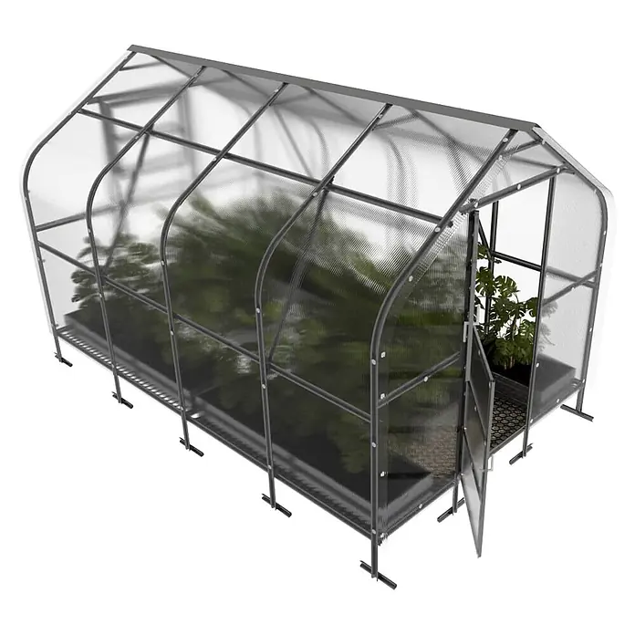 Klasika Greenhouses Gewächshaus Drop Klasika - Außenmaß inkl. Dachüberstand (B x T): 250 x 400 cm, Material Seitenwand: Kunststoff, 4 mm, Silbergrau - Ein begehbares Gewächshaus mit dunkelgrauem Metallrahmen, transparenten Paneelen, offener Tür und Pflanzen darin.