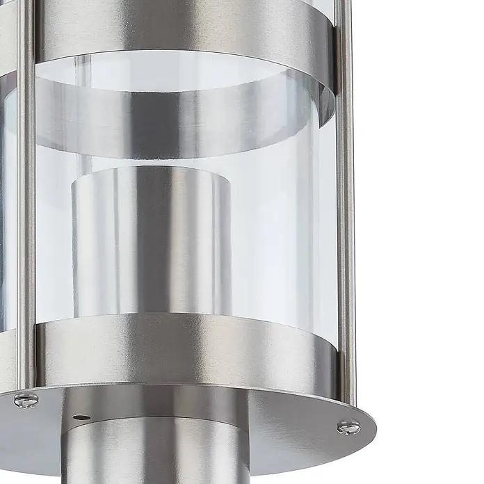 Lindby Außenwandleuchte Noemi - alu / grau / zink, alu / grau / zink, IP44 - Zylindrische Außenleuchte aus gebürstetem Edelstahl und klarem Glas.