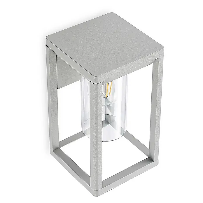 Lindby Wandleuchte aussen in silber, Aussenlampe Wand -  - Quadratische graue Metall-Außenwandleuchte mit klarem Glaszylinder und sichtbarer LED-Filamentlampe.