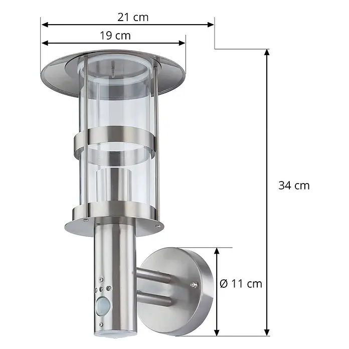 Lindby Außenwandleuchte Noemi - alu / grau / zink, alu / grau / zink, IP44 - Gebürstete Edelstahl-Außenwandleuchte mit Klarglas und integriertem Bewegungssensor.