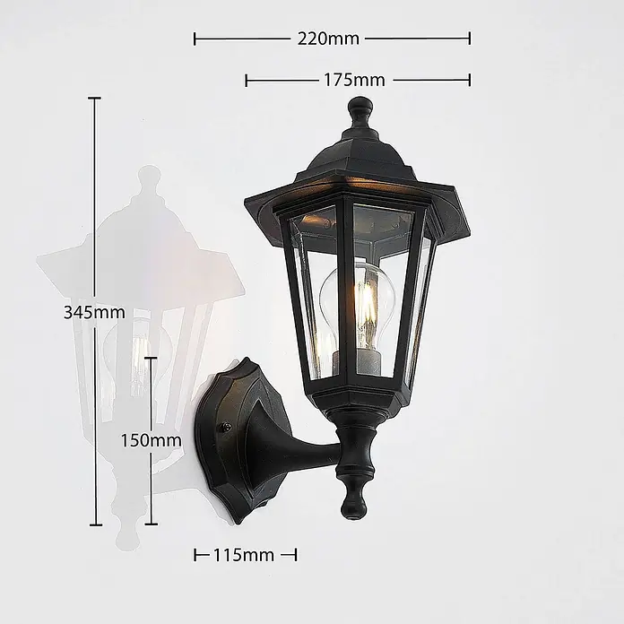 Lindby Außenwandleuchte Nane - 22,1 x 17,1 x 35,6 cm, schwarz, schwarz, IP44 - Schwarze klassische Außenwandleuchte mit Klarglas, 345mm hoch, 220mm breit.