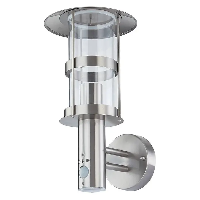 Lindby Außenwandleuchte Noemi - alu / grau / zink, alu / grau / zink, IP44 - Moderne Außenwandleuchte aus gebürstetem Edelstahl mit Klarglaszylinder und Bewegungsmelder.