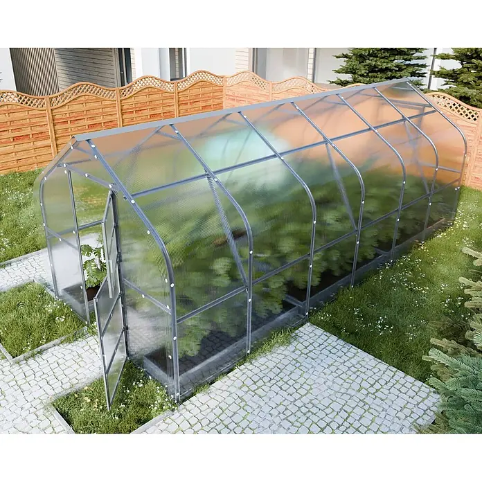 Klasika Greenhouses Gewächshaus Drop Klasika - Außenmaß inkl. Dachüberstand (B x T): 250 x 600 cm, Material Seitenwand: Kunststoff, 4 mm, Silbergrau - Gartengewächshaus mit lichtdurchlässigen Wellplatten und dunkelgrauem Rahmen, darin wachsen Pflanzen, an einem gepflasterten Weg.