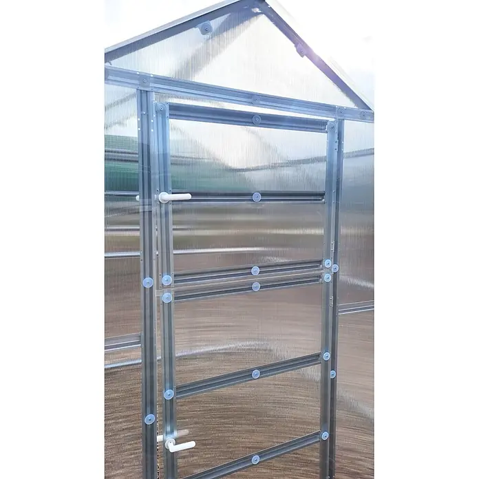 Klasika Greenhouses Gewächshaus Drop Klasika - Außenmaß inkl. Dachüberstand (B x T): 250 x 600 cm, Material Seitenwand: Kunststoff, 4 mm, Silbergrau - Gewächshauseingang mit Aluminiumrahmen und transluzenten Polycarbonat-Stegplatten, mit weißen Griffen.