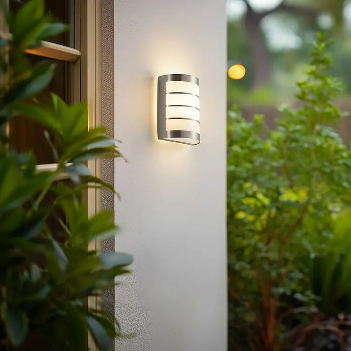 Lindby Außenwandleuchte Noyan - alu / grau / zink, alu / grau / zink, IP44 - Gebürstete Metall-Außenwandleuchte mit horizontalen weißen Diffusoren, die eine Gebäudeaußenwand beleuchtet.