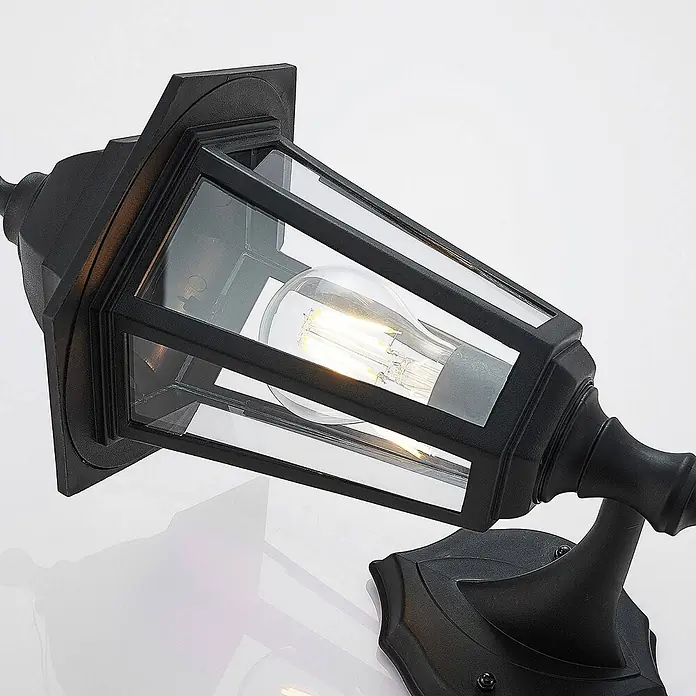 Lindby Außenwandleuchte Nane - 22,1 x 17,1 x 35,6 cm, schwarz, schwarz, IP44 - Schwarze Außenwandleuchte mit klaren Glasscheiben und leuchtender LED-Filamentbirne.