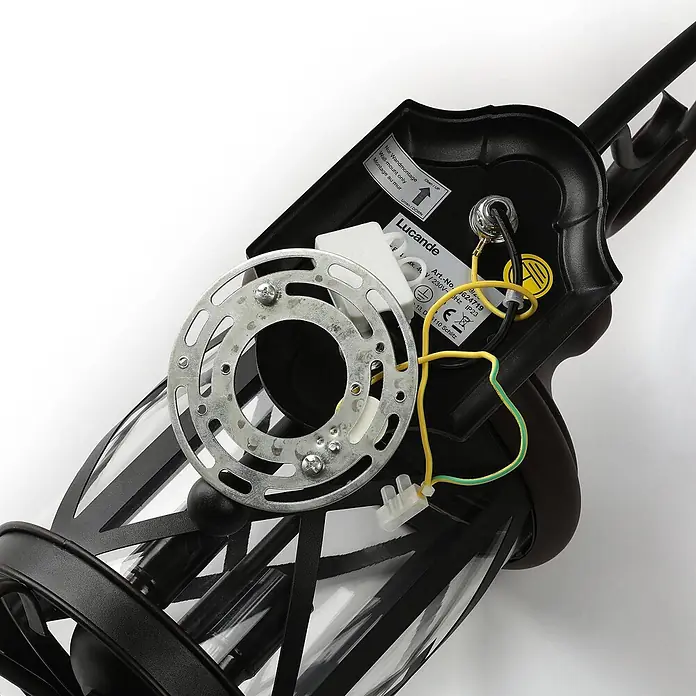 Lucande Außenwandleuchte Marcellino - braun / rost, braun / rost, IP23 - Schwarze Außenwandleuchte mit sichtbarer Verkabelung, Klemmenblock und Metallmontageplatte zur Installation.