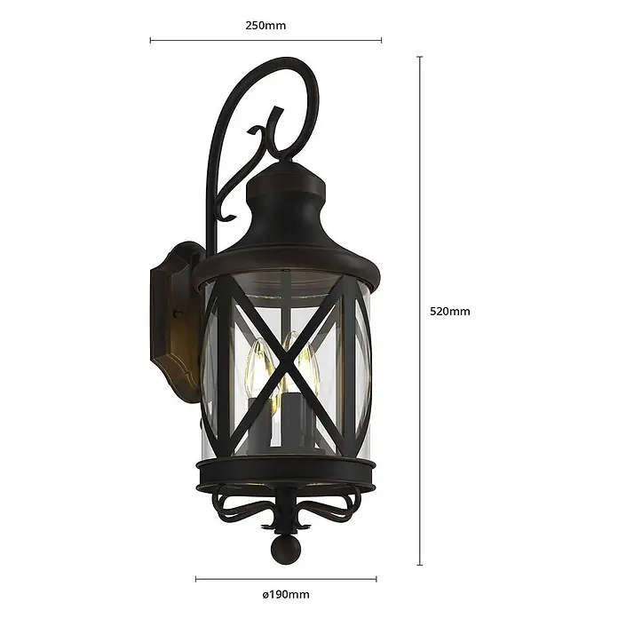 Lucande Außenwandleuchte Marcellino - braun / rost, braun / rost, IP23 - Klassische dunkelbronze Außenwandleuchte mit Klarglas und Zierranken.