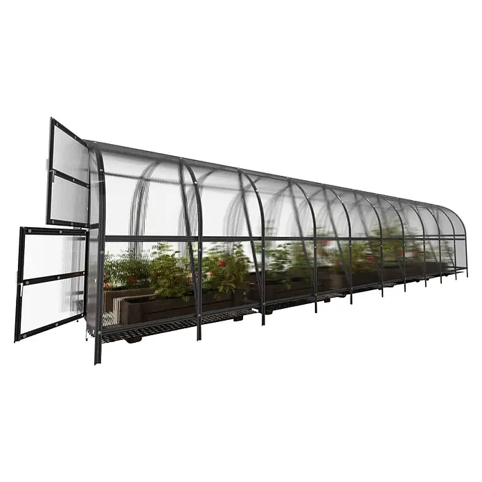 Klasika Greenhouses Gewächshaus Baltic Lt Klasika - Außenmaß inkl. Dachüberstand (B x T): 300 x 1.000 cm, Material Seitenwand: Kunststoff, 4 mm, Silbergrau - Langes, schmales Gewächshaus mit transparenten, geriffelten Platten, schwarzem Rahmen und offenen Doppeltüren. Pflanzgefäße mit Pflanzen sind innen sichtbar.