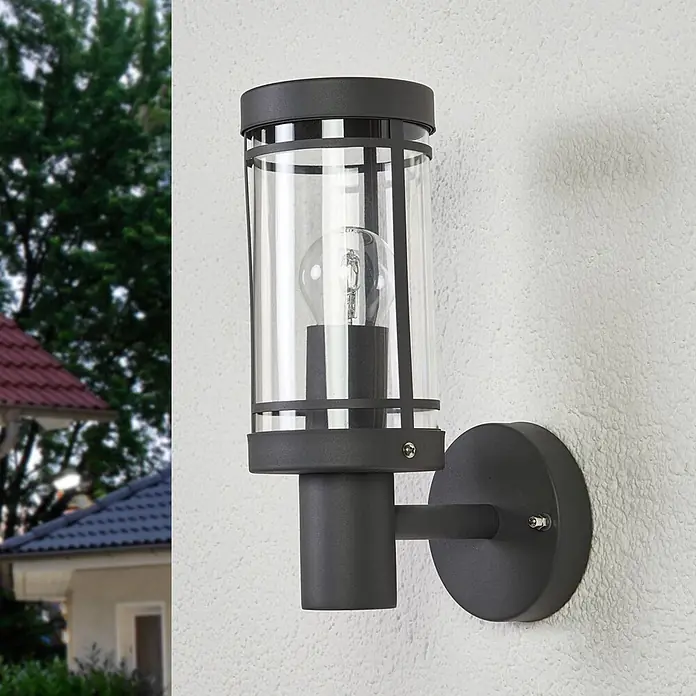 Lindby Außenwandleuchte Djori - alu / grau / zink, IP44 - Moderne zylindrische dunkelgraue Außenwandleuchte mit Klarglas und Glühbirne.