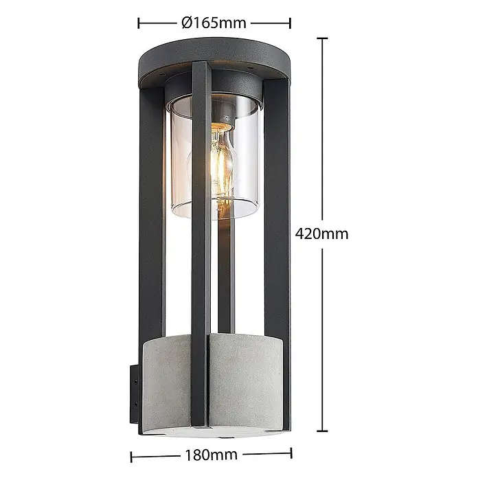 Lucande Außenwandleuchte Overa - alu / grau / zink, alu / grau / zink, IP44 - Dunkelgraue Metall-Außenwandleuchte mit Betonsockel, Klarglaszylinder und sichtbarer Glühbirne. Maße H420mm, Ø165mm (oben), B180mm (unten).